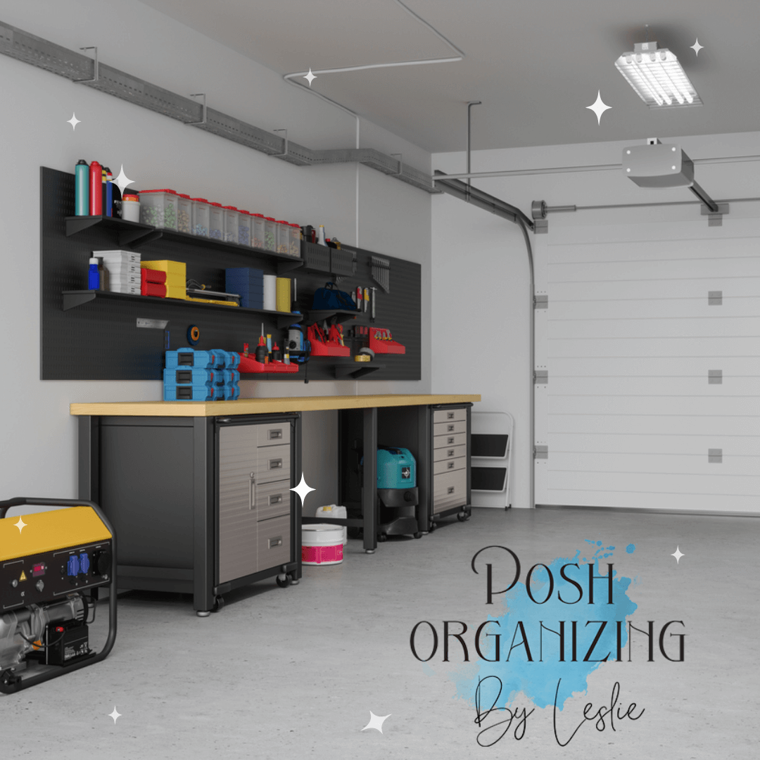 An empty garage featuring well-organized work equipment, tools, and an electric generator, showcasing excellent garage organization.